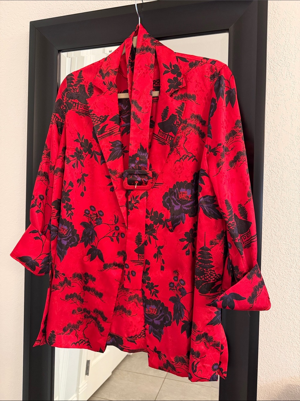 ZARA Red Floral Satin Kimono Jacket w/Belt